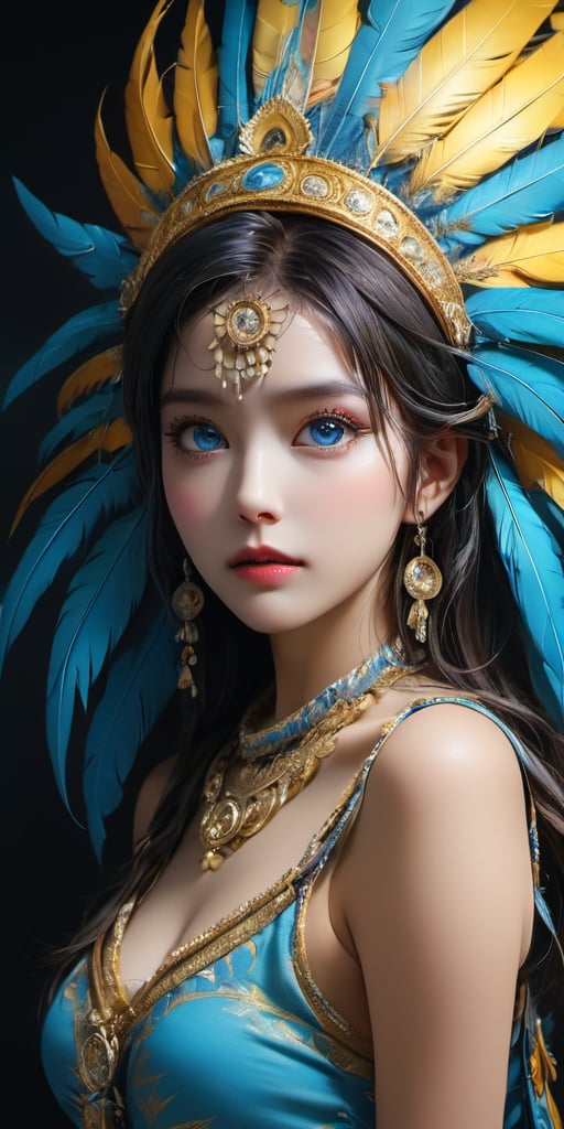 cute korean large-eyed girl, bangs, 
sitting, from above, 
A white skin mayan queen all blue and gold elaborate outfit, with huge headpiece center piece, blue/gold makeup with oversized headdress with long bird feathers, with depth of field, fantastical edgy and regal themed outfit, captured in vivid colors, model, 
masterpiece, croquis, fairytale oil painting, beauty legs, dark atmosphere rough texture, highly details, best Quality, Tyndall effect, good composition, volume lighting, Film light, dynamic lighting, cinematic lighting, 
,               ,