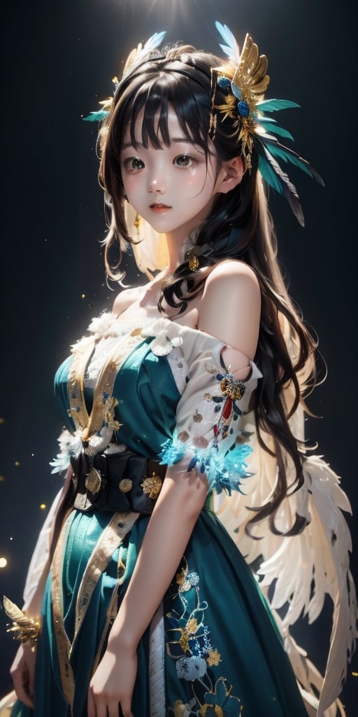 a cute korean girl large-eyed girl, bangs, long wavy hair, off shoulder, 
A white skin mayan queen all blue and gold elaborate outfit, with huge headpiece center piece, blue/gold makeup with oversized headdress with long bird feathers, with depth of field, fantastical edgy and regal themed outfit, ,
octane rendering, ray tracing, 3d rendering, masterpiece, best Quality, Tyndall effect, good composition, highly details, warm soft light, three-dimensional lighting, volume lighting, Film light