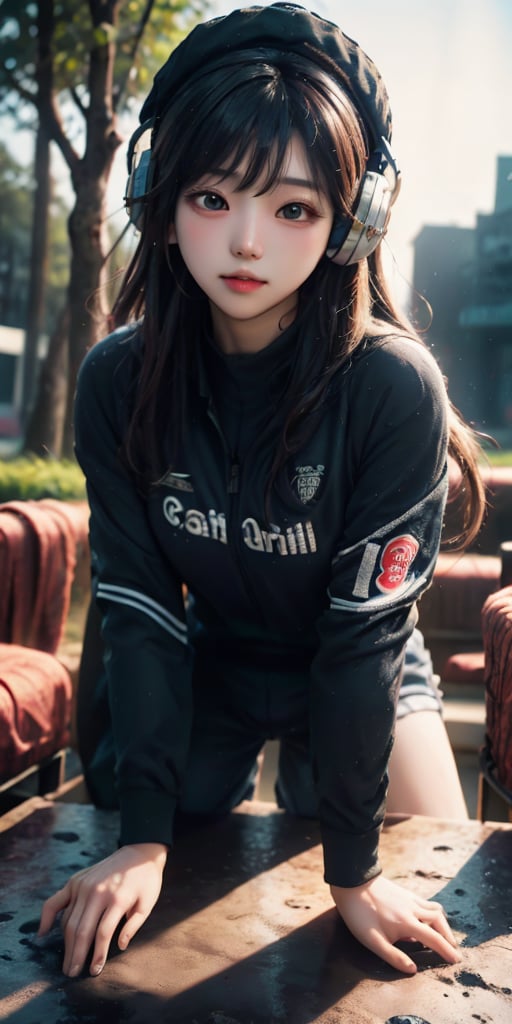 cute korean large-eyed girl,
The cat stands on the jogging track of the sports field, wearing a dark-colored tight-fitting sports jersey. The garment fits snugly and is fashionable, with trendy patterns or words printed on it. It wears fashionable headphones or a hat on its head,  
masterpiece, best Quality, Tyndall effect, good composition, highly details, warm soft light, three-dimensional lighting, volume lighting, Film lighting, cinematic lighting, 

,  