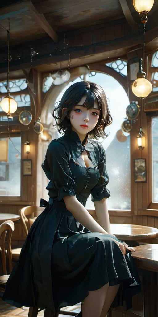 cute korean large-eyed girl, bangs,
from above, 
raise both arms to sky, steampunk world, slight smile, 
sitting on chair, wooden restaurant with round-shaped windows, a fluid ceiling, and organically shaped fabric furniture, 
masterpiece, croquis, fairytale oil painting, dark atmosphere rough texture, dark details, beauty legs, black eyes, highly details, best Quality, cinematic quality, Tyndall effect, good composition, volume lighting, Film light, dynamic lighting, cinematic lighting, 
,               ,