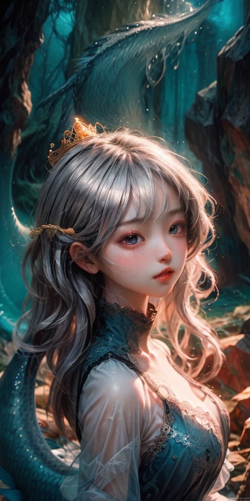 cute korean large-eyed girl, 
Mermaid queen, big & tall, long curly hair, platinum golden Silver hair, blowing hair, deep grey eyes, sharp nose, angry mouth , tall & big body, naked top & fish nail bottom , fish tail, in deep sea , at very mysterious air, 
masterpiece, best Quality, Tyndall effect, good composition, highly details, warm soft light, three-dimensional lighting, volume lighting, Film lighting, cinematic lighting, 
,       