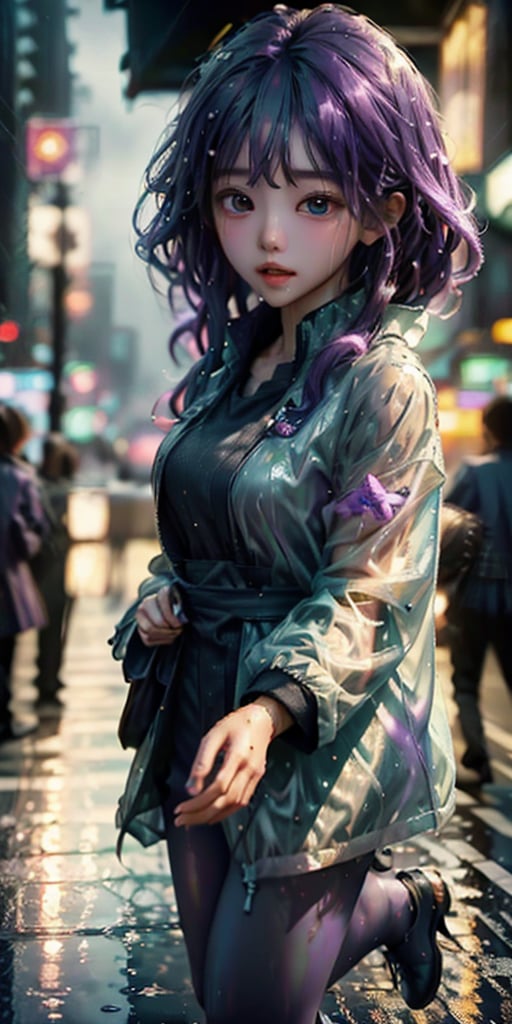 cute korean large-eyed girl, from below, 
a stunning girl with violet hair in a pastel raincoat, at a bustling crosswalk at night, wet reflections, 
masterpiece, best Quality, Tyndall effect, good composition, highly details, warm soft light, three-dimensional lighting, volume lighting, Film lighting, cinematic lighting, 

,  