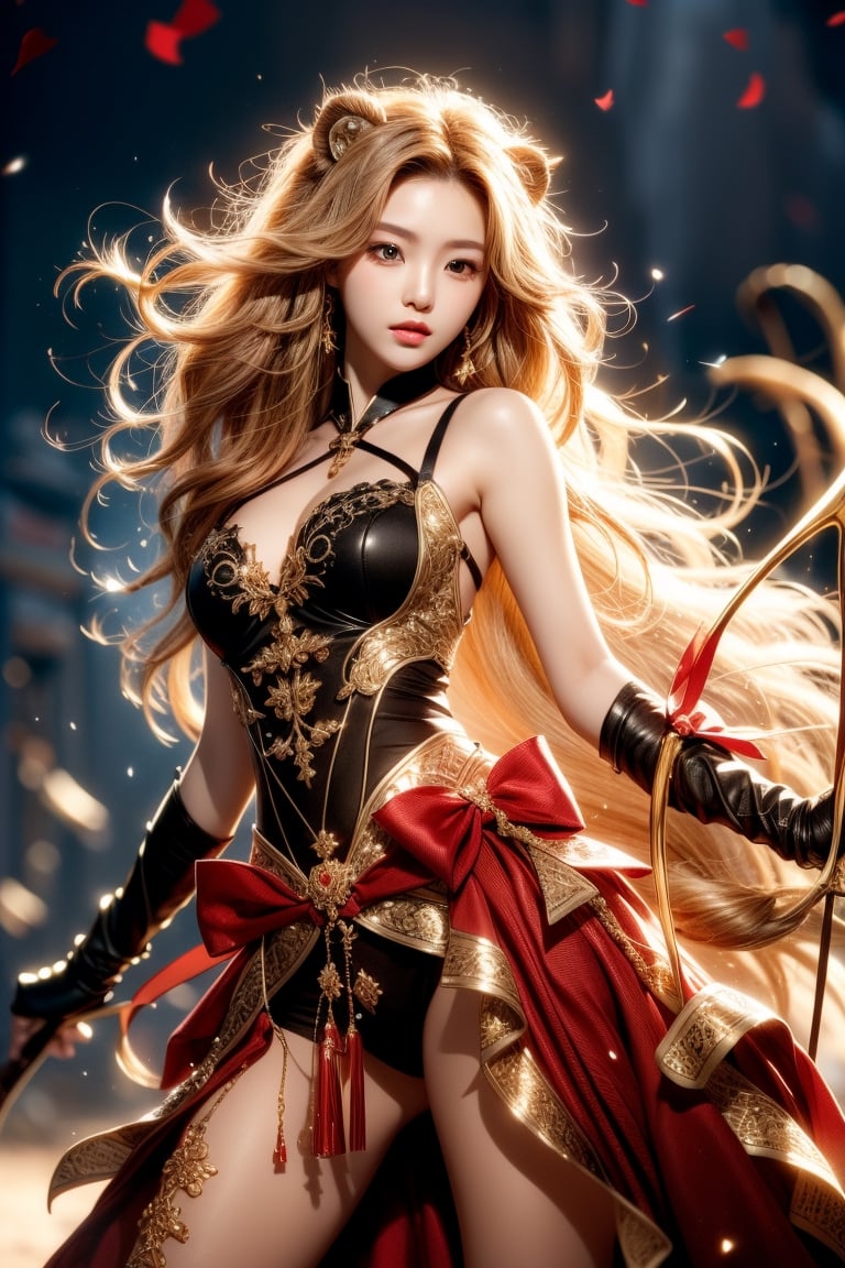 sweet pose,beautiful korean girl, holding a battle bow, aim at bow,ready to shoot,curly hair,lion girl,golden lion hair