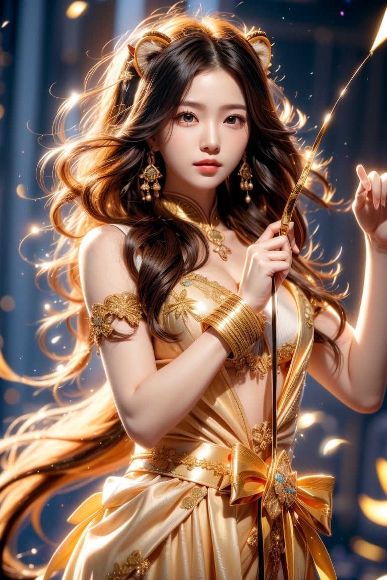 cute pose,beautiful korean girl, holding a battle bow, aim at  audience,ready to shoot,curly hair,lion girl,golden lion hair