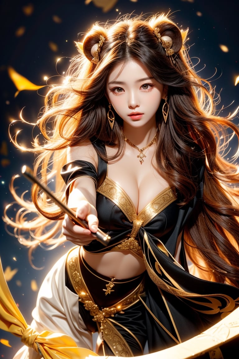 cute pose,beautiful korean girl, holding a battle bow, aim at bow,ready to shoot,curly hair,lion girl,golden lion hair