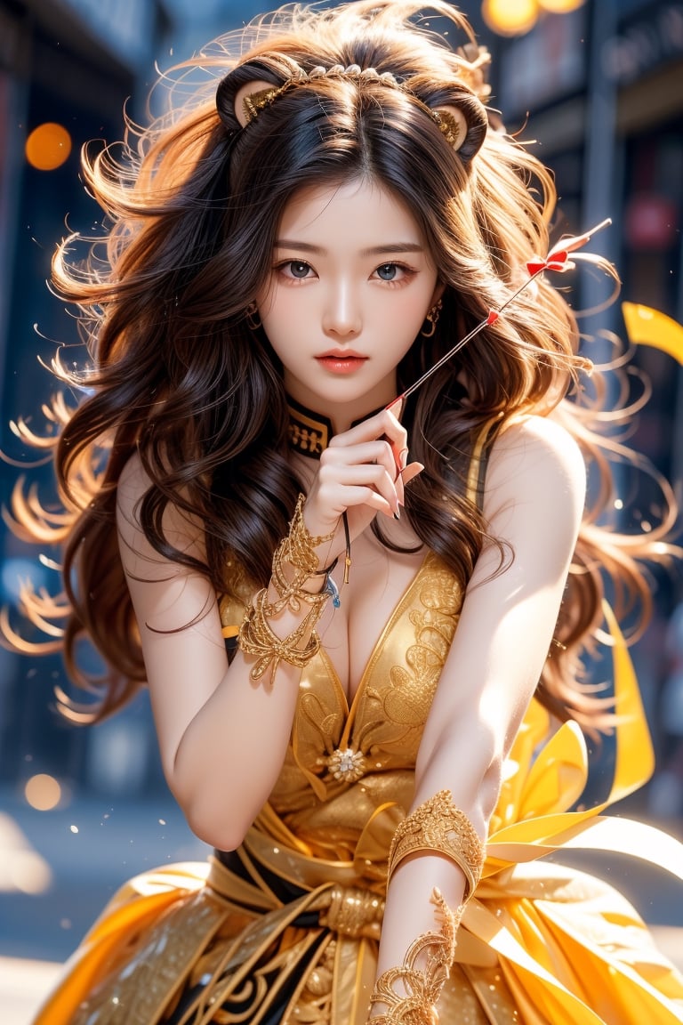 cute pose,beautiful korean girl, holding a battle bow, aim at bow,ready to shoot,curly hair,lion girl,golden lion hair