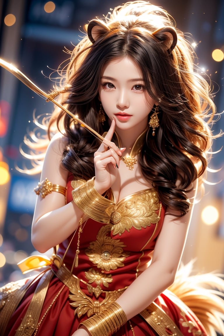 cute pose,beautiful korean girl, holding a battle bow, aim at  audience,ready to shoot,curly hair,lion girl,golden lion hair