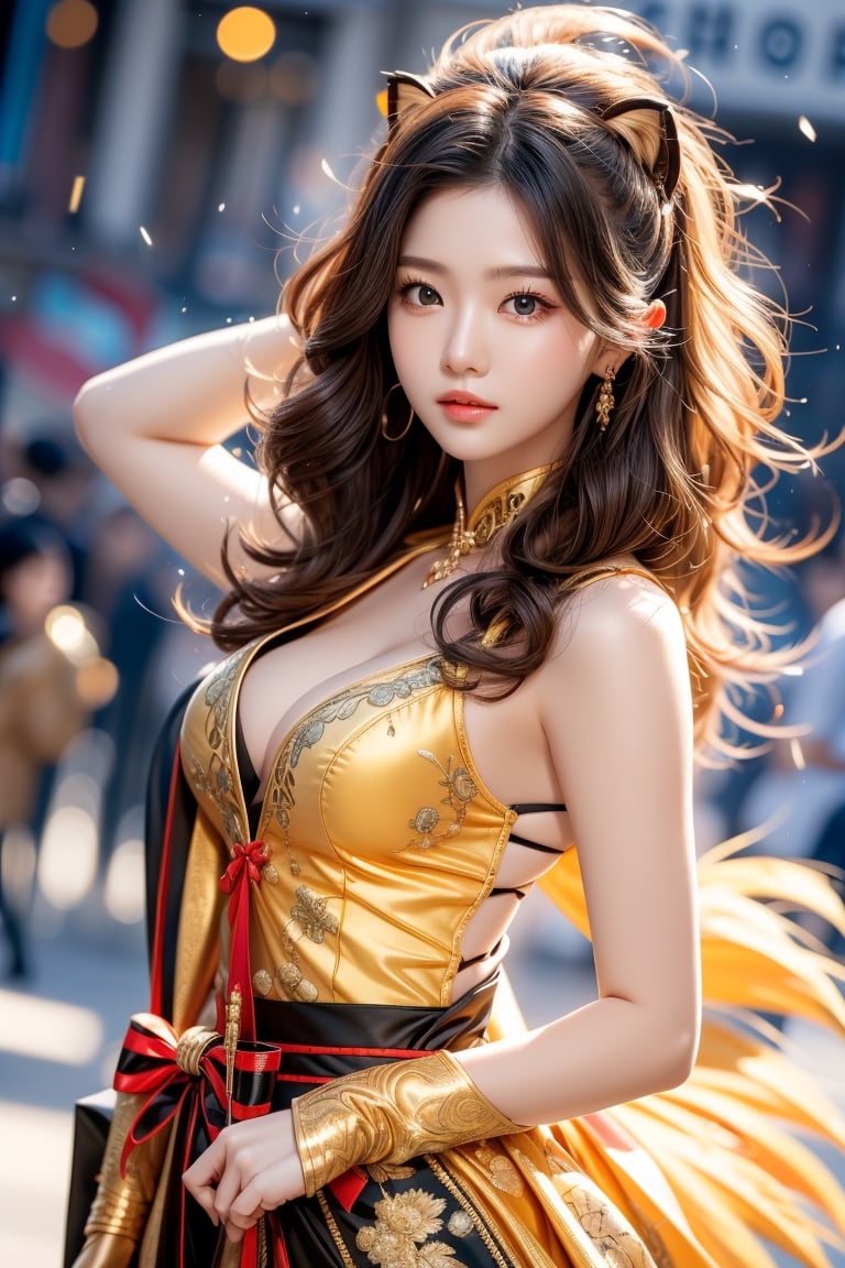 cute pose,beautiful korean girl, holding a battle bow, aim at bow,ready to shoot,curly hair,lion girl,golden lion hair