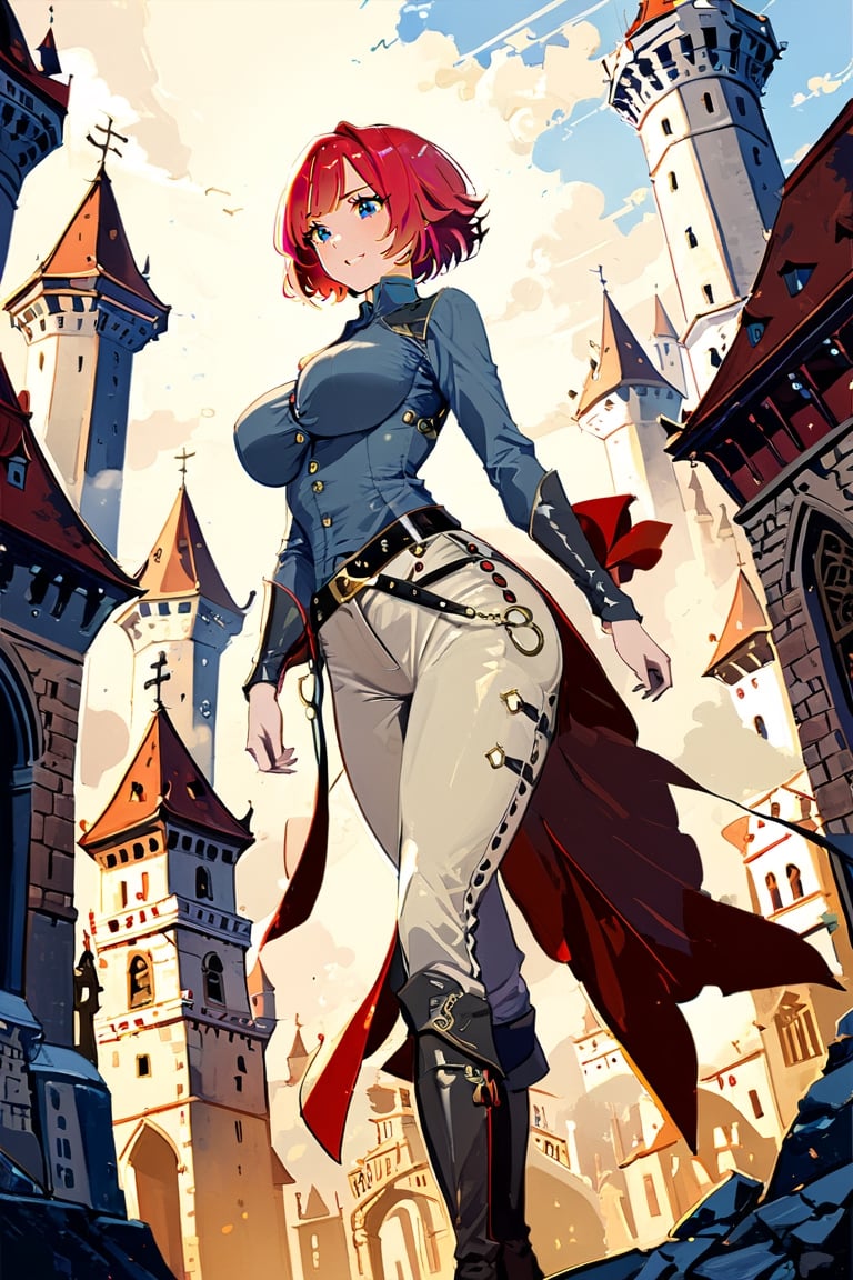 High detail, high quality, masterpiece, beautiful, dark, skyblue eyes, (red hair, short hair, straight bangs, bob hair), (dark grey shirt, buttons), (beige pants, belt, below), (dark boots, very long boots, buccaneers, above, above the pants), big breast, big boobs, thin waist, big ass, thick ass, muscular, tall, hourglass figure, 1 adult woman, small smile, confident gaze, walking, medieval city background