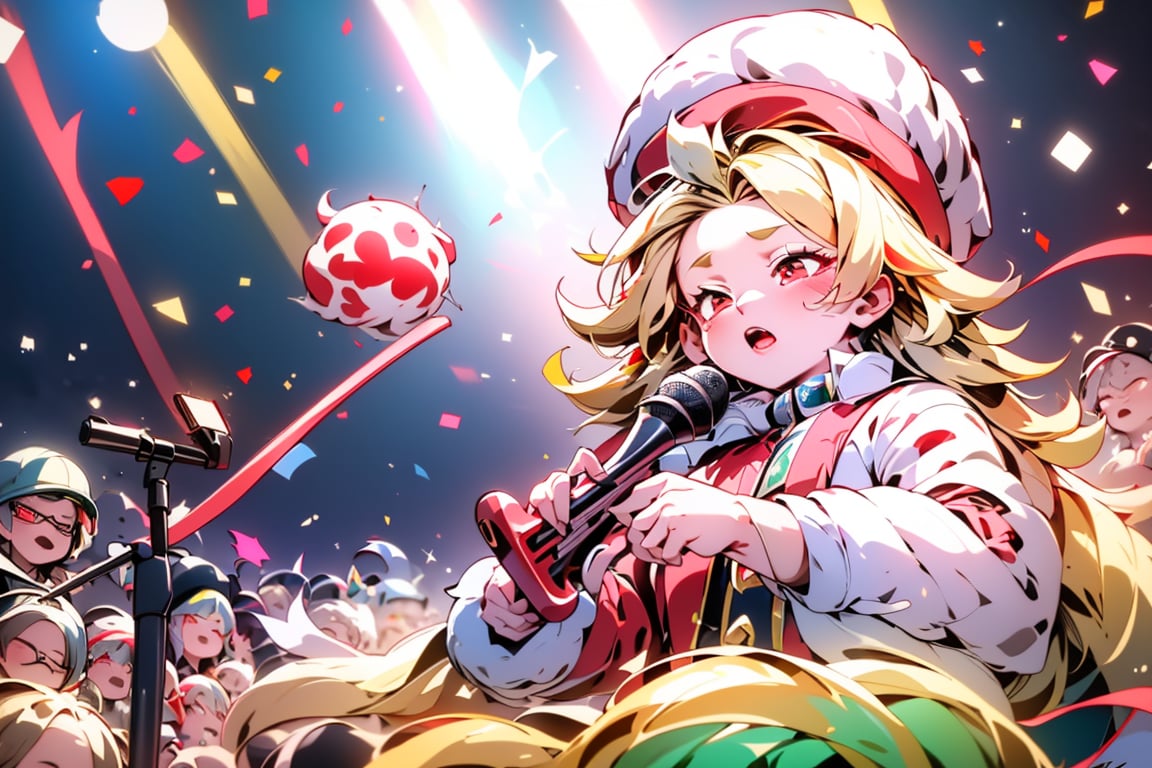 solo,Blonde woman,singing,playing electric guitar,short hair,red eyes,long red eyelashes,red lips,wearing a red snow hat with a white fur ball on the top,a purple starfish on the hat,white fur on the edge of the hat,and a red coat,coat with gold buttons,green skirt,green bow on the neck,green sneakers,gold laces, no gloves,singing in front of microphone,sleeping furry white cat audience,white cat wearing a pink bow on head,surrounded by bubbles,shining point,concert,colorful stage lighting,no people,electric guitar