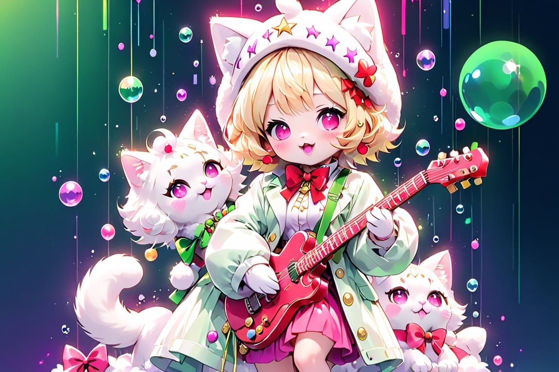 Blonde girls,playing electric guitar,short hair,red eyes,long red eyelashes,red lips,wearing a red snow hat with a white fur ball on the top,a purple starfish on the hat,white fur on the edge of the hat,and a red coat,coat with gold buttons,green skirt,green bow on the neck,green sneakers,gold laces, no gloves,singing in front of microphone,sleeping furry white cat audience,white cat wearing a pink bow on head,surrounded by bubbles,shining point,concert,colorful stage lighting,no people,Tetris game background,anime