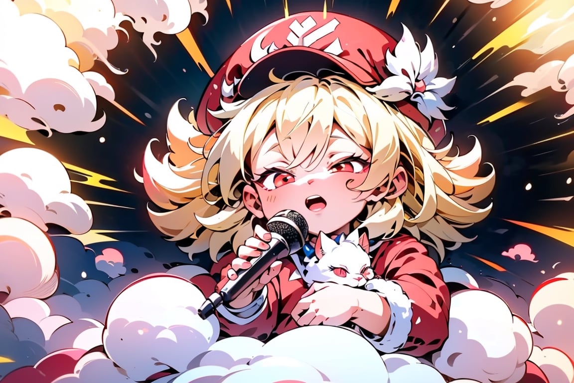 vtuber,Blonde girl,short hair,ruby-like eyes,red eyes,long red eyelashes,red lips, wearing a red snow hat with a white fur ball on the top,a purple starfish on the hat,white fur on the edge of the hat,and a red coat,coat with gold buttons,green skirt,green bow on the neck,green sneakers,gold laces,singing in front of microphone,holding a sleeping furry white cat,white cat wearing a pink bow on its head,surrounded by bubbles,shining point,concert,colorful stage lighting,no people,Tetris game background