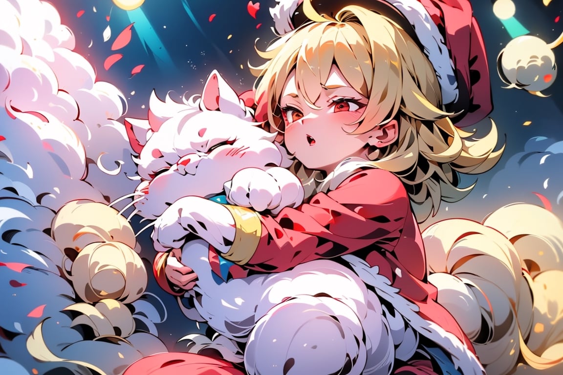 vtuber,Blonde girl,short hair,ruby-like eyes,red eyes,long red eyelashes,red lips, wearing a red snow hat with a white fur ball on the top,a purple starfish on the hat,white fur on the edge of the hat,and a red coat,coat with gold buttons,green skirt,green bow on the neck,green sneakers,gold laces,singing in front of microphone,holding a sleeping furry white cat,white cat wearing a pink bow on its head,surrounded by bubbles,shining point,concert,colorful stage lighting,no people,Tetris game background