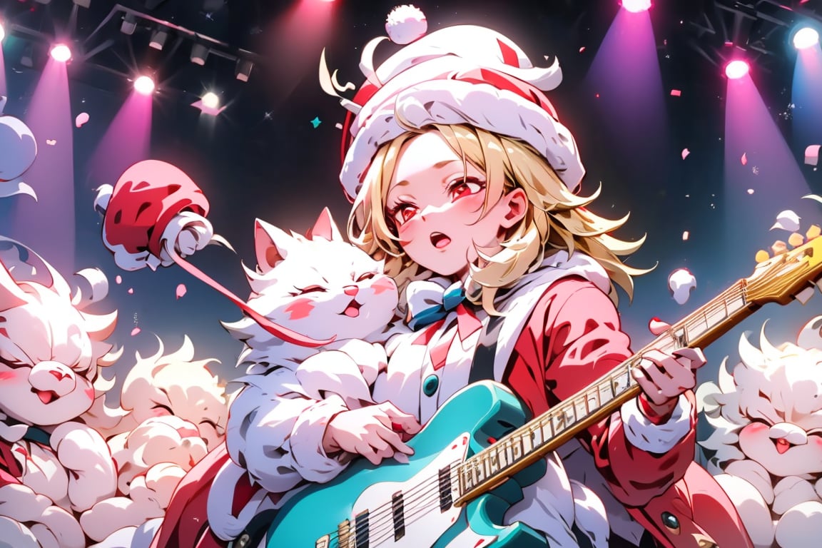 solo,Blonde woman,singing,playing electric guitar,short hair,red eyes,long red eyelashes,red lips,wearing a red snow hat with a white fur ball on the top,a purple starfish on the hat,white fur on the edge of the hat,and a red coat,coat with gold buttons,green skirt,green bow on the neck,green sneakers,gold laces, no gloves,singing in front of microphone,sleeping furry white cat audience,white cat wearing a pink bow on head,surrounded by bubbles,shining point,concert,colorful stage lighting,no people,electric guitar