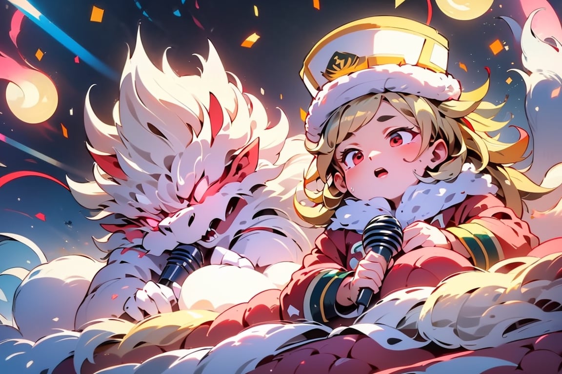 vtuber,Blonde girl,short hair,ruby-like eyes,red eyes,long red eyelashes,red lips, wearing a red snow hat with a white fur ball on the top,a purple starfish on the hat,white fur on the edge of the hat,and a red coat,coat with gold buttons,green skirt,green bow on the neck,green sneakers,gold laces,singing in front of microphone,holding a sleeping furry white cat,white cat wearing a pink bow on its head,surrounded by bubbles,shining point,concert,colorful stage lighting,no people,Tetris game background