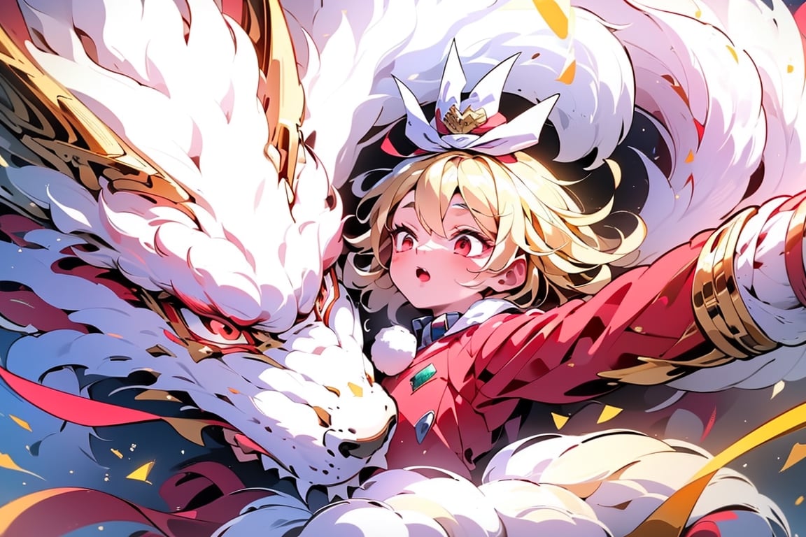 vtuber,Blonde girl,short hair,ruby-like eyes,red eyes,long red eyelashes,red lips, wearing a red snow hat with a white fur ball on the top,a purple starfish on the hat,white fur on the edge of the hat,and a red coat,coat with gold buttons,green skirt,green bow on the neck,green sneakers,gold laces,singing in front of microphone,holding a sleeping furry white cat,white cat wearing a pink bow on its head,surrounded by bubbles,shining point,concert,colorful stage lighting,no people,Tetris game background