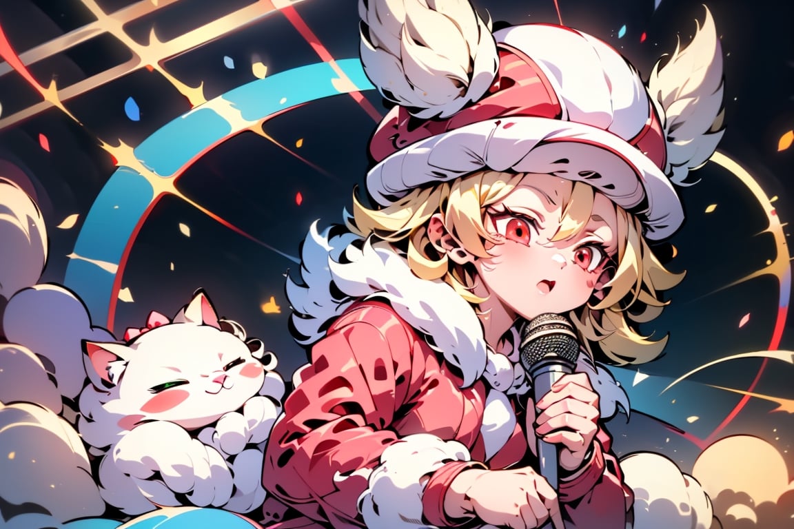 vtuber,Blonde girl,short hair,ruby-like eyes,red eyes,long red eyelashes,red lips, wearing a red snow hat with a white fur ball on the top,a purple starfish on the hat,white fur on the edge of the hat,and a red coat,coat with gold buttons,green skirt,green bow on the neck,green sneakers,gold laces,singing in front of microphone,holding a sleeping furry white cat,white cat wearing a pink bow on its head,surrounded by bubbles,shining point,concert,colorful stage lighting,no people,Tetris game background