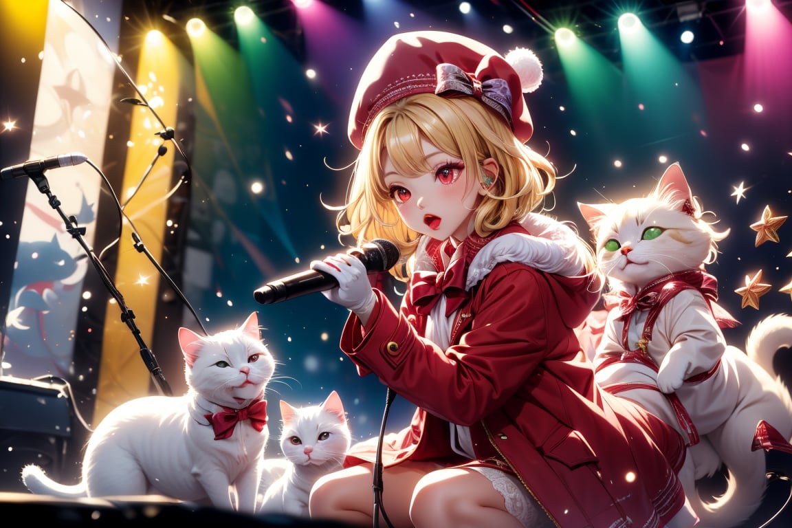 Blonde girl,singing,playing electric guitar,short hair,red eyes,long red eyelashes,red lips,wearing a red snow hat with a white fur ball on the top,a purple starfish on the hat,white fur on the edge of the hat,and a red coat,coat with gold buttons,green skirt,green bow on the neck,green sneakers,gold laces, no gloves,singing in front of microphone,sleeping furry white cat audience,white cat wearing a pink bow on head,surrounded by bubbles,shining point,concert,colorful stage lighting,no people,Tetris game background,anime