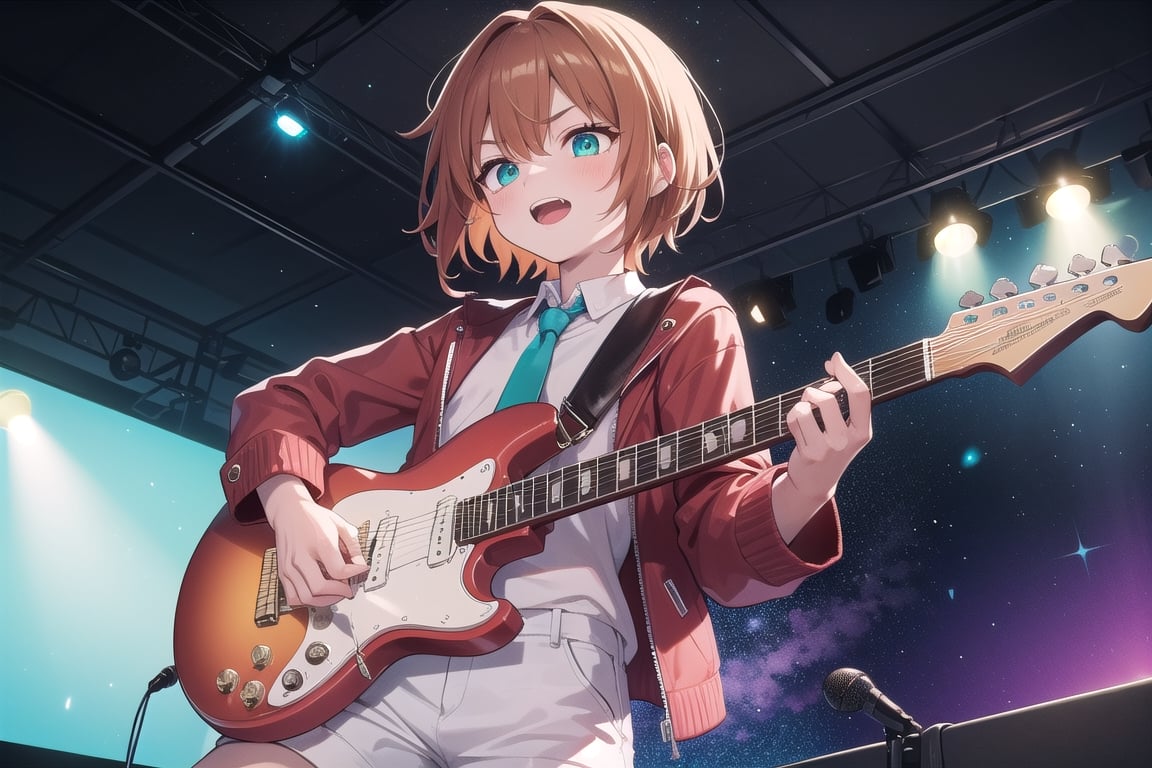 solo,1boy,closeup face,blue glowing aura,thick hair,orange hair,brown hair,gold frame sunglasses,red tie,red jacket,teal shorts,White shirt,a gold edge pocket on left side pants,white sneakers,right hand wearing a white square watch,white sneakers,singing in front of microphone,play electric guitar,universe background,cyan beam,fireflies,shining point,concert,colorful stage lighting,no people