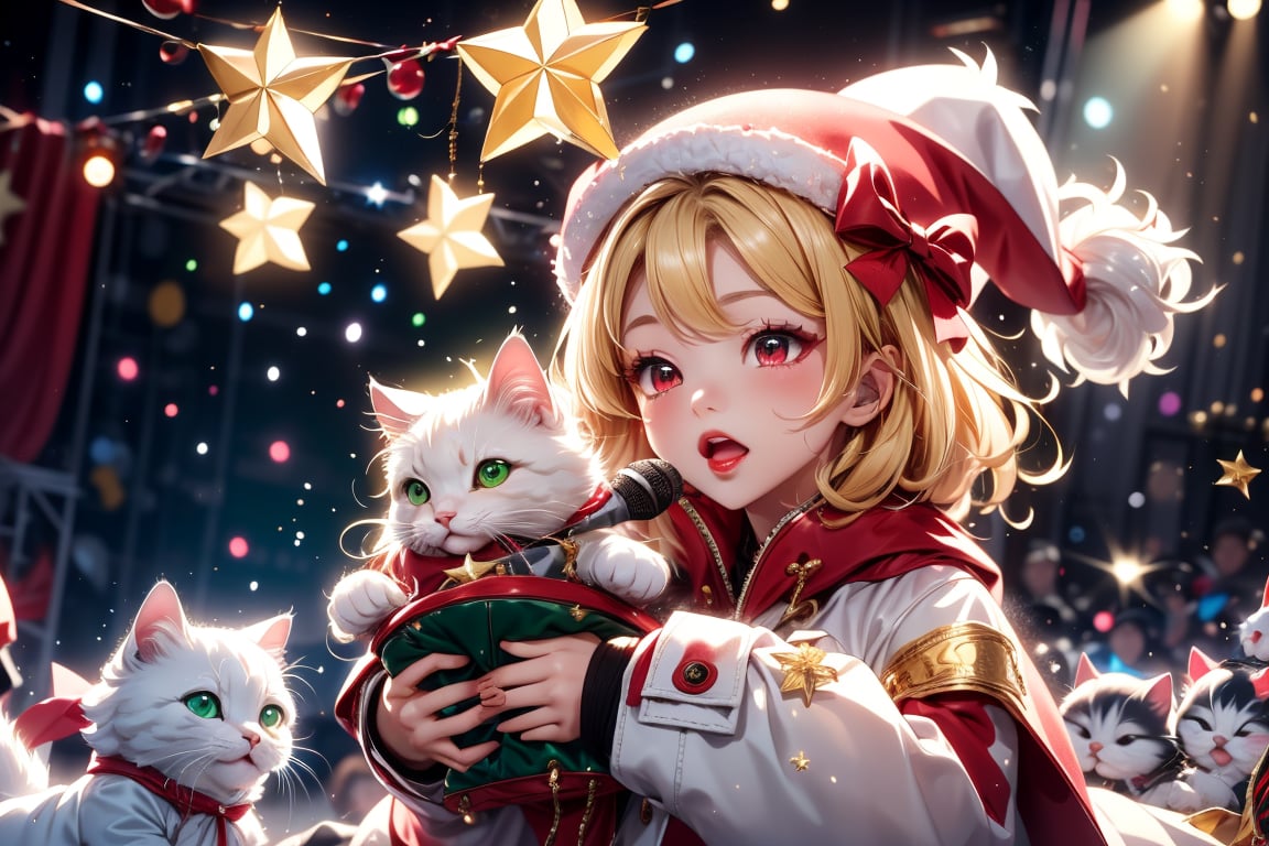 Blonde girl,singing,playing electric guitar,short hair,red eyes,long red eyelashes,red lips,wearing a red snow hat with a white fur ball on the top,a purple starfish on the hat,white fur on the edge of the hat,and a red coat,coat with gold buttons,green skirt,green bow on the neck,green sneakers,gold laces, no gloves,singing in front of microphone,sleeping furry white cat audience,white cat wearing a pink bow on head,surrounded by bubbles,shining point,concert,colorful stage lighting,no people,Tetris game background,anime