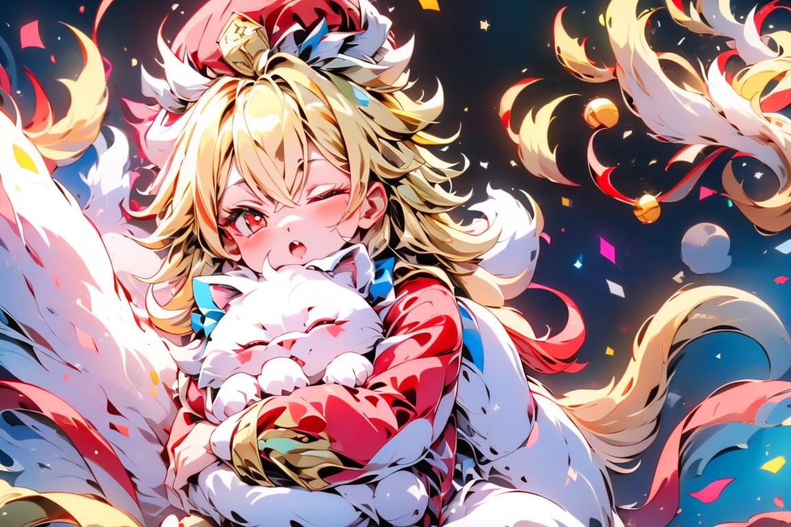 vtuber,Blonde girl,short hair,ruby-like eyes,red eyes,long red eyelashes,red lips, wearing a red snow hat with a white fur ball on the top,a purple starfish on the hat,white fur on the edge of the hat,and a red coat,coat with gold buttons,green skirt,green bow on the neck,green sneakers,gold laces,singing in front of microphone,holding a sleeping furry white cat,white cat wearing a pink bow on its head,surrounded by bubbles,shining point,concert,colorful stage lighting,no people,Tetris game background