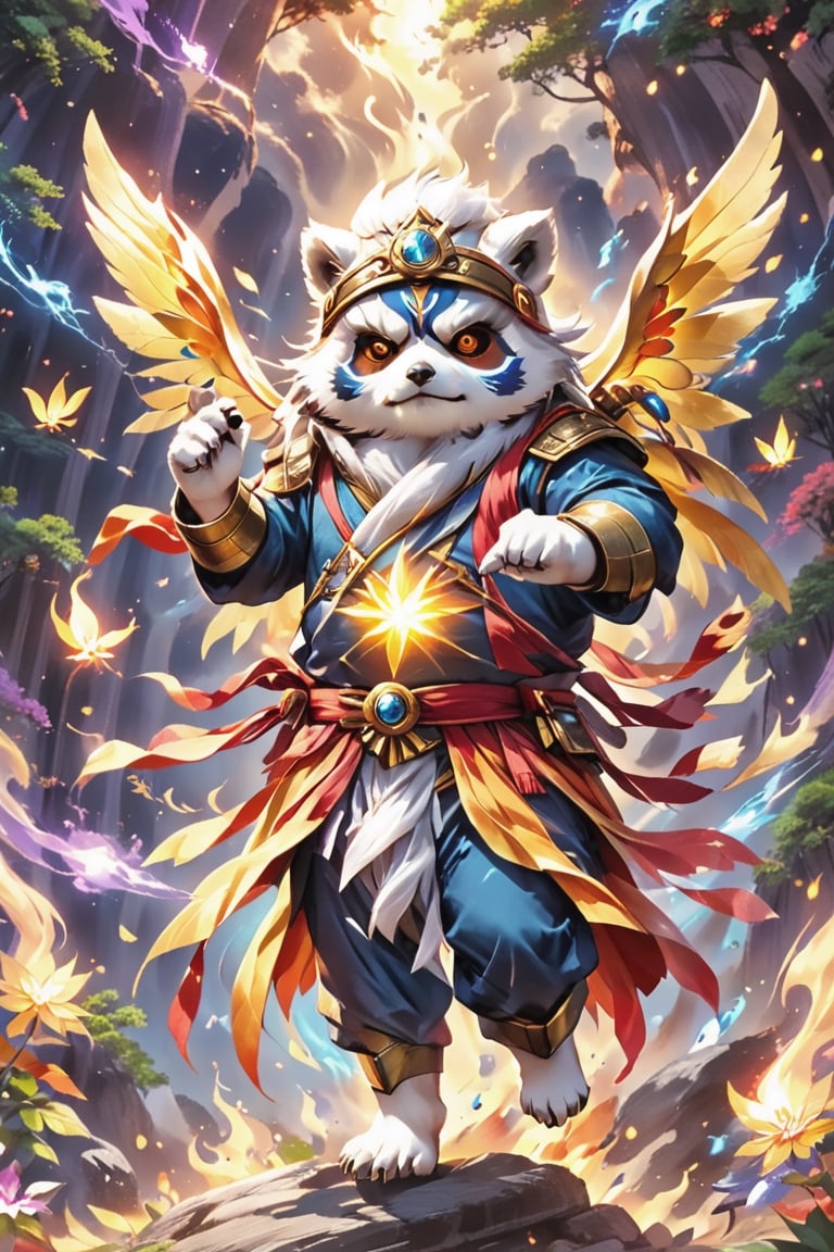 1Ninja tanuki,fighting,7 color Ninja outfit,7 color ancient alchemy God,holding cosmic ball,chanting,7 color shining ancient words everywhere,glowing mantra everywhere,luminous engraving everywhere,seal,strong style,sun king,sun halo,solo,special long white beard,long white eyebrows,gather lightning elixir in the palm of hand,king of glory,focused on  elixir,aim at pill,colorful skin,surrounded by flames,golden butterfly wings,emitting golden light,wearing golden bib short with no shoulder strap on left shoulder,no humans,flame,beam,fire alchemy furnace,thunder pill,crystal cave,crystal background,diamond,gem,tanuki,no human