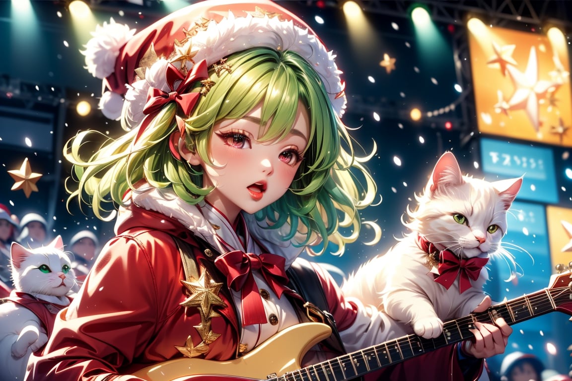 Blonde girl,singing,playing electric guitar,short hair,red eyes,long red eyelashes,red lips,wearing a red snow hat with a white fur ball on the top,a purple starfish on the hat,white fur on the edge of the hat,and a red coat,coat with gold buttons,green skirt,green bow on the neck,green sneakers,gold laces, no gloves,singing in front of microphone,sleeping furry white cat audience,white cat wearing a pink bow on head,surrounded by bubbles,shining point,concert,colorful stage lighting,no people,Tetris game background,anime