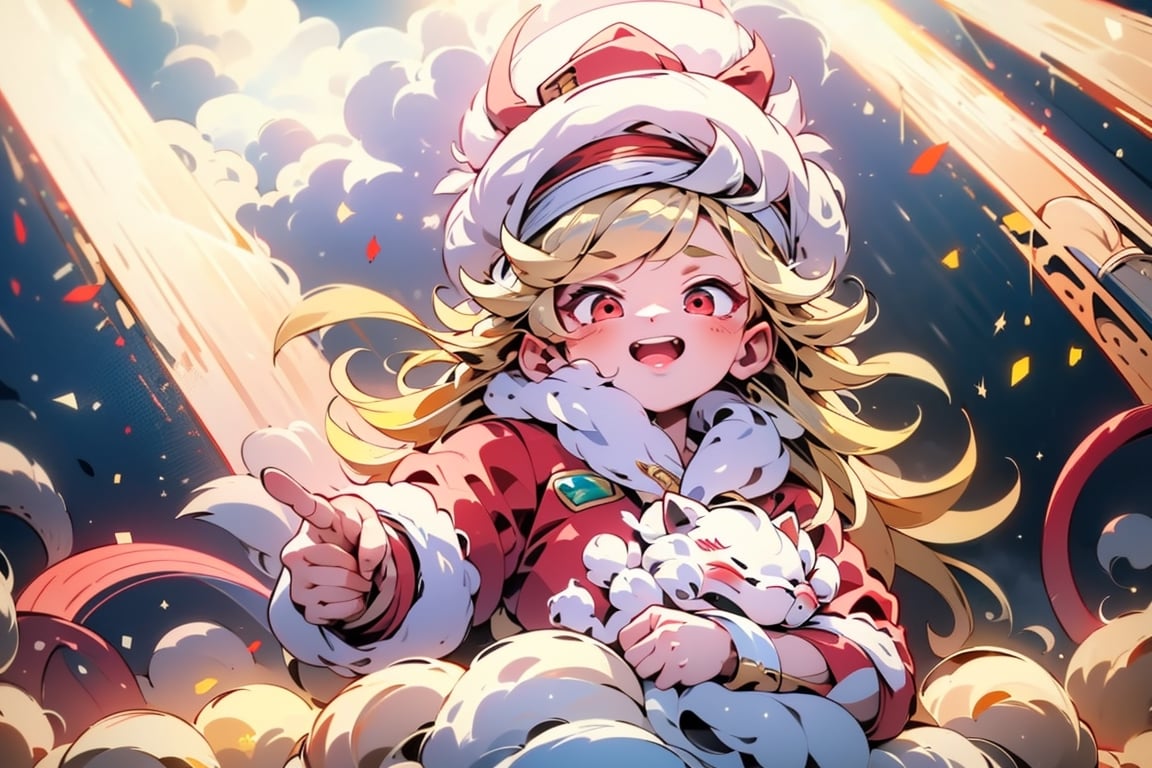 vtuber,Blonde girl,short hair,ruby-like eyes,red eyes,long red eyelashes,red lips, wearing a red snow hat with a white fur ball on the top,a purple starfish on the hat,white fur on the edge of the hat,and a red coat,coat with gold buttons,green skirt,green bow on the neck,green sneakers,gold laces,singing in front of microphone,holding a sleeping furry white cat,white cat wearing a pink bow on its head,surrounded by bubbles,shining point,concert,colorful stage lighting,no people,Tetris game background