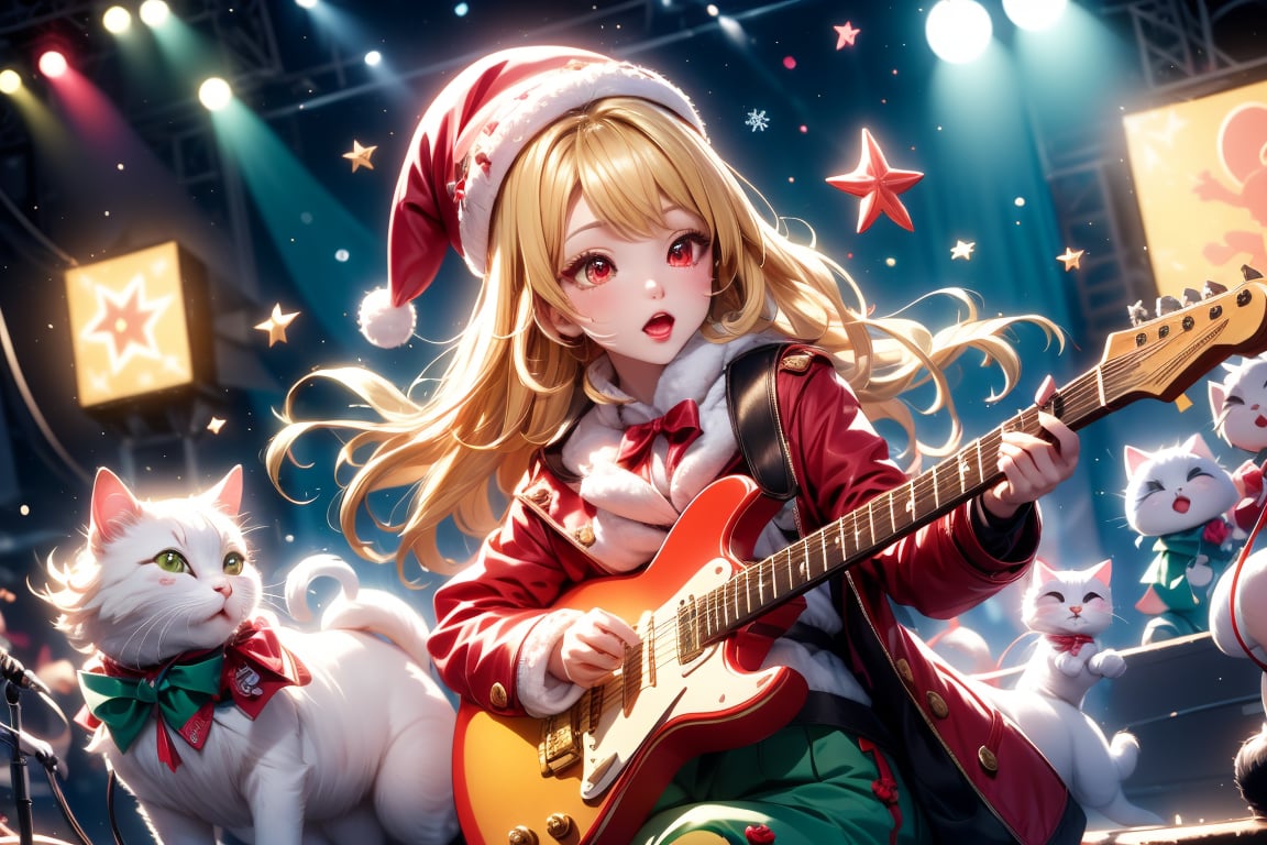 Blonde girl,singing,playing electric guitar,long hair,red eyes,long red eyelashes,red lips,wearing a red snow hat with a white fur ball on the top,a purple starfish on the hat,white fur on the edge of the hat,and a red coat,coat with gold buttons,green skirt,green bow on the neck,green sneakers,gold laces, no gloves,singing in front of microphone,sleeping furry white cat audience,white cat wearing a pink bow on head,surrounded by bubbles,shining point,concert,colorful stage lighting,no people,Tetris game background,anime