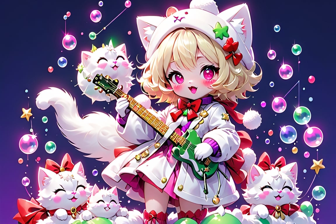 Blonde girls,playing electric guitar,short hair,red eyes,long red eyelashes,red lips,wearing a red snow hat with a white fur ball on the top,a purple starfish on the hat,white fur on the edge of the hat,and a red coat,coat with gold buttons,green skirt,green bow on the neck,green sneakers,gold laces, no gloves,singing in front of microphone,sleeping furry white cat audience,white cat wearing a pink bow on head,surrounded by bubbles,shining point,concert,colorful stage lighting,no people,Tetris game background,anime