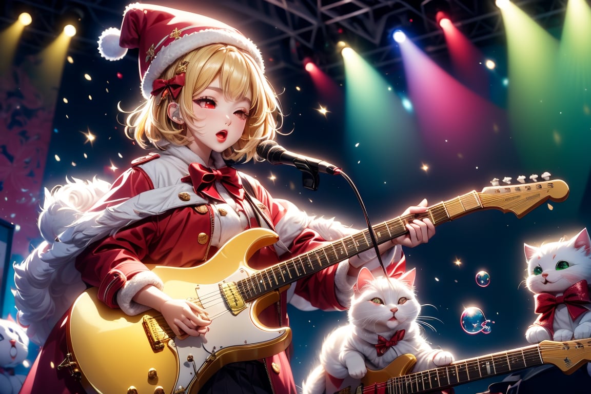 Blonde girl,singing,playing electric guitar,short hair,red eyes,long red eyelashes,red lips,wearing a red snow hat with a white fur ball on the top,a purple starfish on the hat,white fur on the edge of the hat,and a red coat,coat with gold buttons,green skirt,green bow on the neck,green sneakers,gold laces, no gloves,singing in front of microphone,sleeping furry white cat audience,white cat wearing a pink bow on head,surrounded by bubbles,shining point,concert,colorful stage lighting,no people,Tetris game background,anime