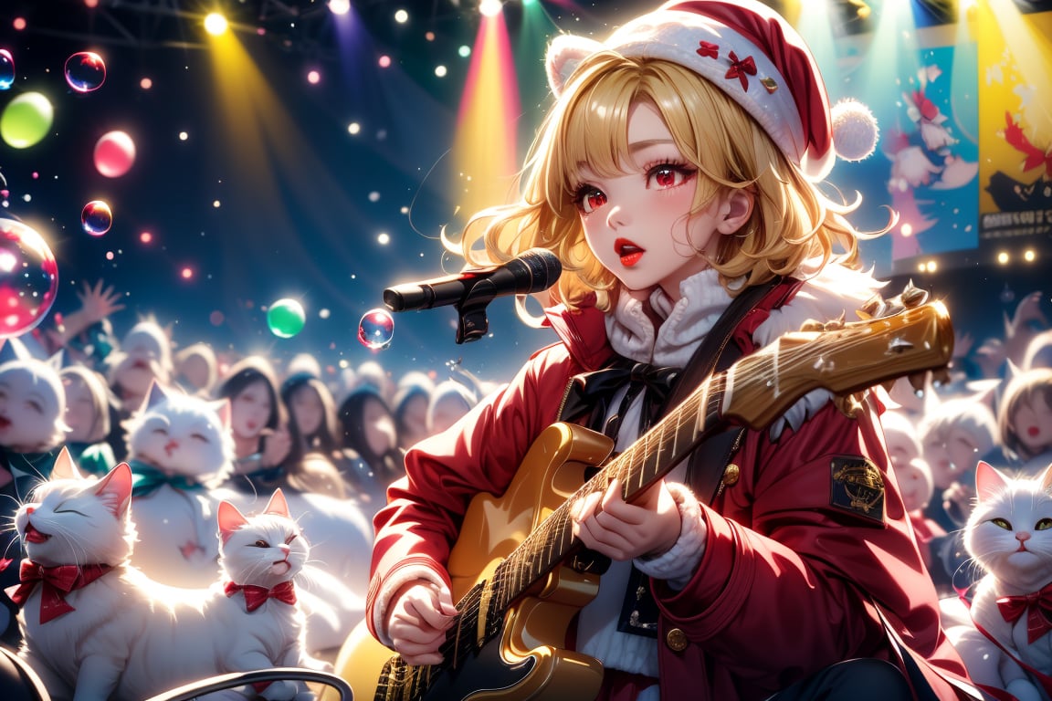 Blonde girl,singing,playing electric guitar,short hair,red eyes,long red eyelashes,red lips,wearing a red snow hat with a white fur ball on the top,a purple starfish on the hat,white fur on the edge of the hat,and a red coat,coat with gold buttons,green skirt,green bow on the neck,green sneakers,gold laces, no gloves,singing in front of microphone,sleeping furry white cat audience,white cat wearing a pink bow on head,surrounded by bubbles,shining point,concert,colorful stage lighting,no people,Tetris game background,anime