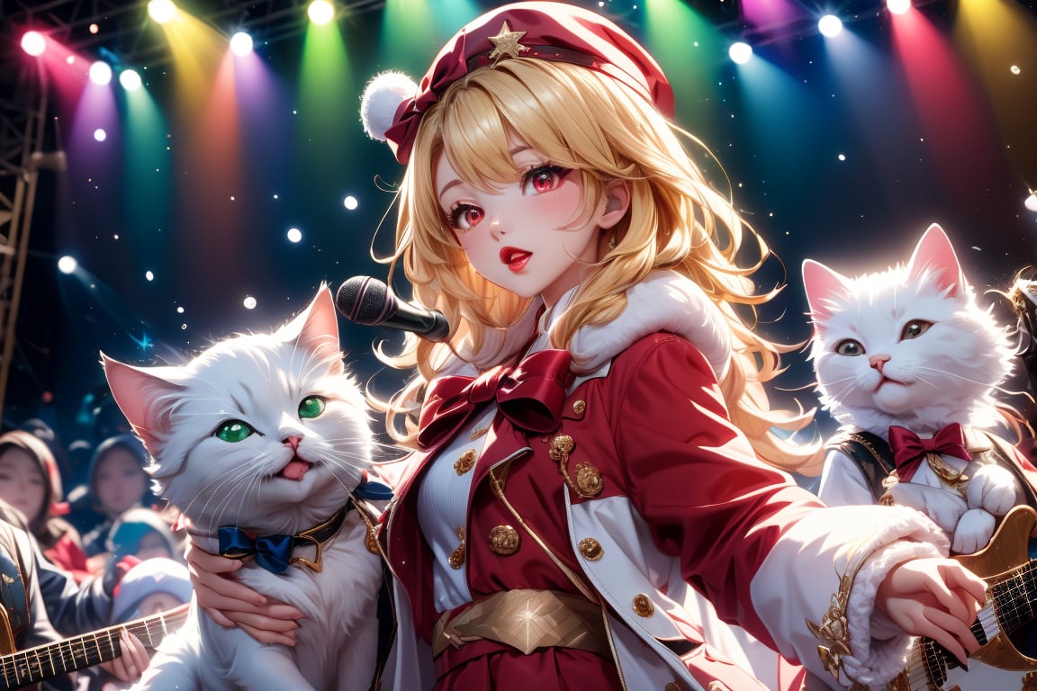 Blonde girl,singing,playing electric guitar,long hair,red eyes,long red eyelashes,red lips,wearing a red snow hat with a white fur ball on the top,a purple starfish on the hat,white fur on the edge of the hat,and a red coat,coat with gold buttons,green skirt,green bow on the neck,green sneakers,gold laces, no gloves,singing in front of microphone,sleeping furry white cat audience,white cat wearing a pink bow on head,surrounded by bubbles,shining point,concert,colorful stage lighting,no people,Tetris game background,anime