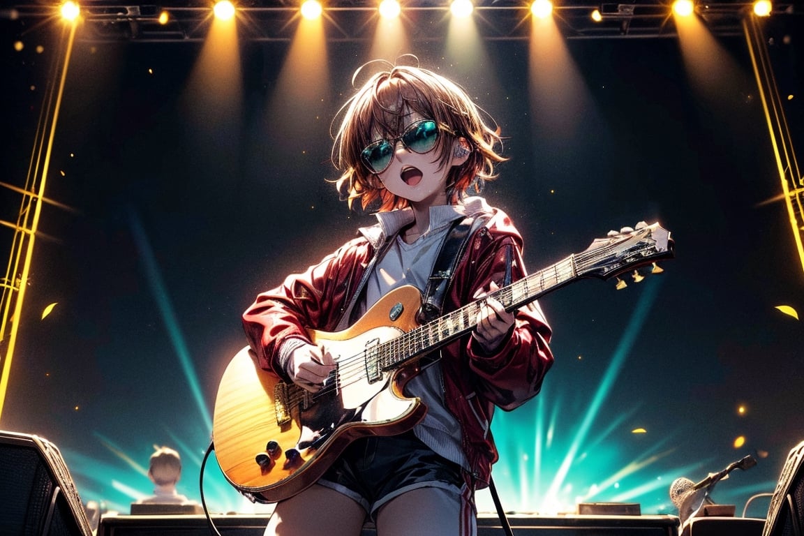 solo,1boy,closeup face,blue glowing aura,thick hair,orange hair,brown hair,gold frame sunglasses,red tie,red jacket,teal shorts,White shirt,a gold edge pocket on left side pants,white sneakers,right hand wearing a white square watch,white sneakers,singing in front of microphone,play electric guitar,universe background,cyan beam,fireflies,shining point,concert,colorful stage lighting,no people