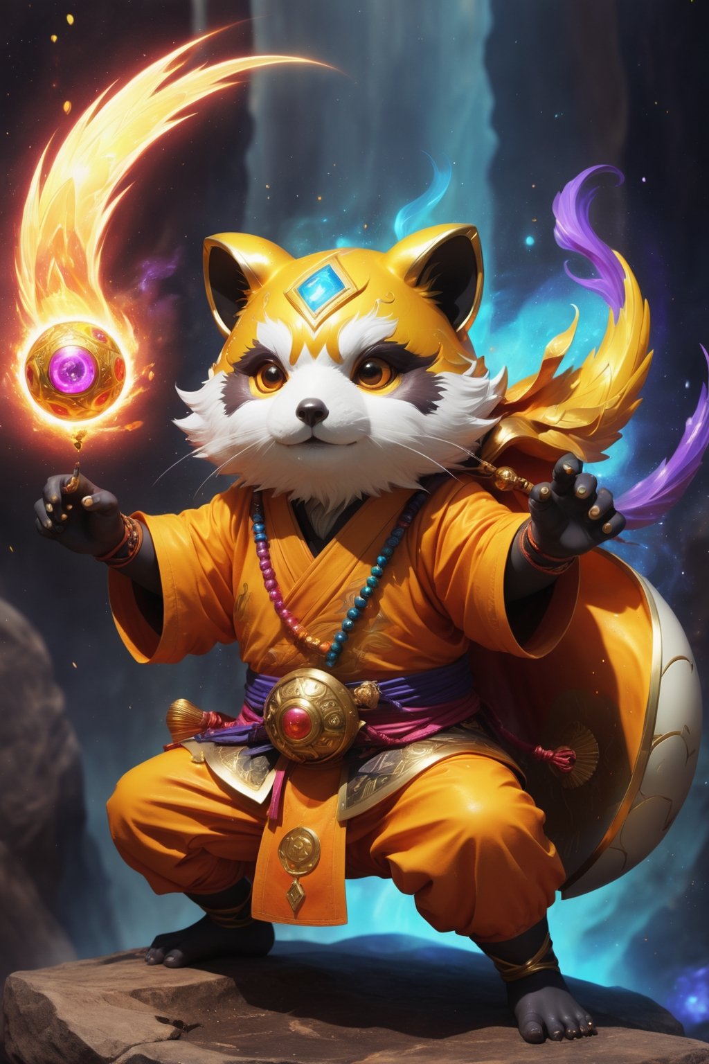 1Ninja tanuki,fighting,7 color Ninja outfit,7 color ancient alchemy God,holding cosmic ball,chanting,7 color shining ancient words everywhere,glowing mantra everywhere,luminous engraving everywhere,seal,strong style,sun king,sun halo,solo,special long white beard,long white eyebrows,gather lightning elixir in the palm of hand,king of glory,focused on  elixir,aim at pill,colorful skin,surrounded by flames,golden butterfly wings,emitting golden light,wearing golden bib short with no shoulder strap on left shoulder,no humans,flame,beam,fire alchemy furnace,thunder pill,crystal cave,crystal background,diamond,gem