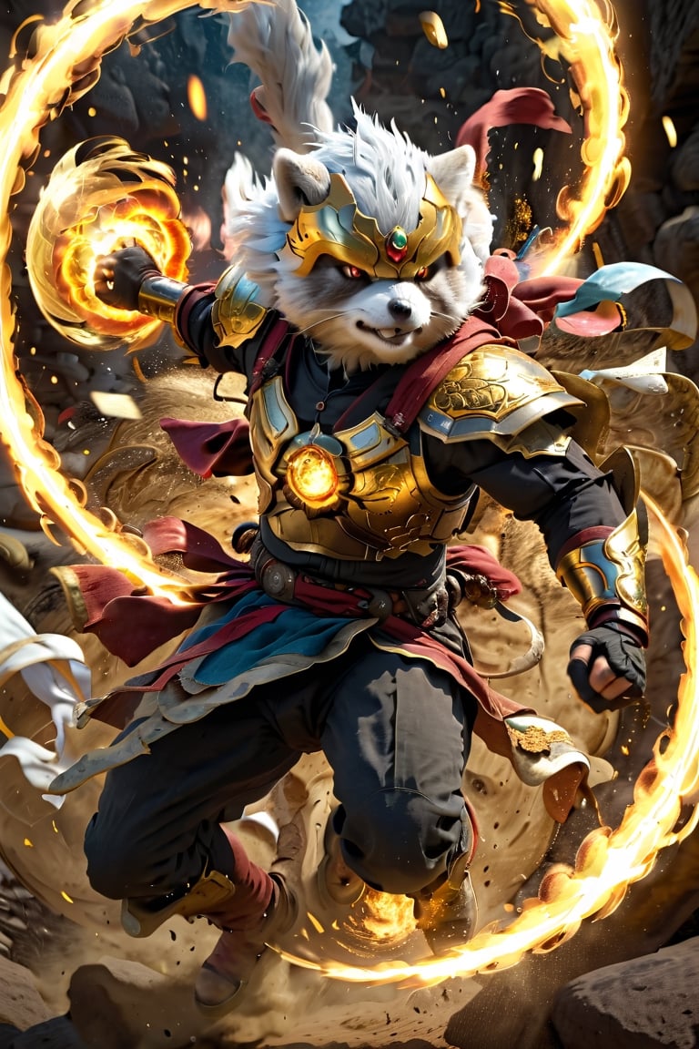 1Ninja tanuki,fighting,7 color Ninja outfit,7 color ancient alchemy God,holding cosmic ball,chanting,7 color shining ancient words everywhere,glowing mantra everywhere,luminous engraving everywhere,seal,strong style,sun king,sun halo,solo,special long white beard,long white eyebrows,gather lightning elixir in the palm of hand,king of glory,focused on  elixir,aim at pill,colorful skin,surrounded by flames,golden butterfly wings,emitting golden light,wearing golden bib short with no shoulder strap on left shoulder,no humans,flame,beam,fire alchemy furnace,thunder pill,crystal cave,crystal background,diamond,gem