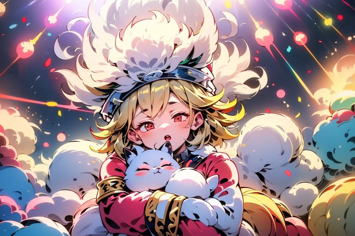 vtuber,Blonde girl,short hair,ruby-like eyes,red eyes,long red eyelashes,red lips, wearing a red snow hat with a white fur ball on the top,a purple starfish on the hat,white fur on the edge of the hat,and a red coat,coat with gold buttons,green skirt,green bow on the neck,green sneakers,gold laces,singing in front of microphone,holding a sleeping furry white cat,white cat wearing a pink bow on its head,surrounded by bubbles,shining point,concert,colorful stage lighting,no people,Tetris game background