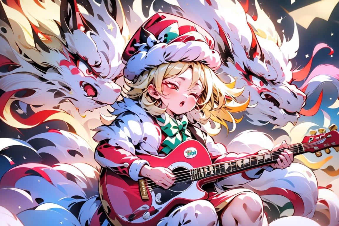 solo,Blonde woman,singing,playing electric guitar,short hair,red eyes,long red eyelashes,red lips,wearing a red snow hat with a white fur ball on the top,a purple starfish on the hat,white fur on the edge of the hat,and a red coat,coat with gold buttons,green skirt,green bow on the neck,green sneakers,gold laces, no gloves,singing in front of microphone,sleeping furry white cat audience,white cat wearing a pink bow on head,surrounded by bubbles,shining point,concert,colorful stage lighting,no people,electric guitar