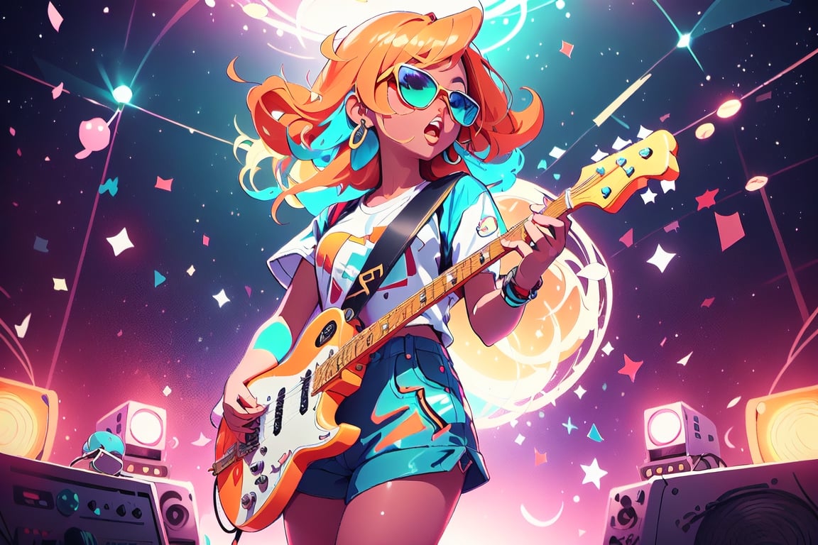 solo,girl,closeup face,blue glowing aura,thick hair,orange hair,brown hair,gold frame sunglasses,red tie,red jacket,teal shorts,White shirt,a gold edge pocket on left side pants,white sneakers,right hand wearing a white square watch,white sneakers,singing in front of microphone,play electric guitar,universe background,cyan beam,fireflies,shining point,concert,colorful stage lighting,no people