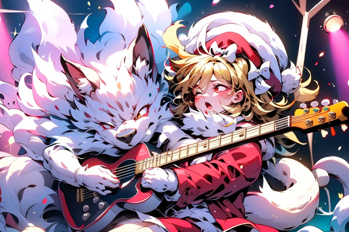 solo,Blonde woman,singing,playing electric guitar,short hair,red eyes,long red eyelashes,red lips,wearing a red snow hat with a white fur ball on the top,a purple starfish on the hat,white fur on the edge of the hat,and a red coat,coat with gold buttons,green skirt,green bow on the neck,green sneakers,gold laces, no gloves,singing in front of microphone,sleeping furry white cat audience,white cat wearing a pink bow on head,surrounded by bubbles,shining point,concert,colorful stage lighting,no people,electric guitar