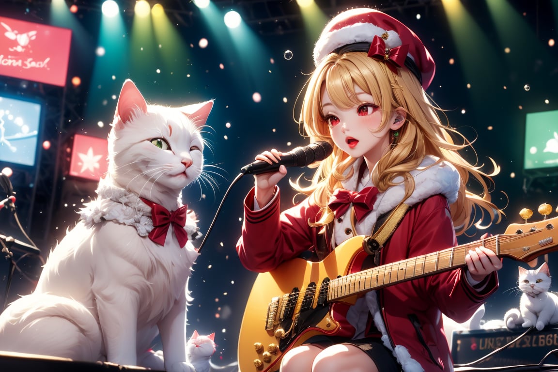 Blonde girl,singing,playing electric guitar,long hair,red eyes,long red eyelashes,red lips,wearing a red snow hat with a white fur ball on the top,a purple starfish on the hat,white fur on the edge of the hat,and a red coat,coat with gold buttons,green skirt,green bow on the neck,green sneakers,gold laces, no gloves,singing in front of microphone,sleeping furry white cat audience,white cat wearing a pink bow on head,surrounded by bubbles,shining point,concert,colorful stage lighting,no people,Tetris game background,anime