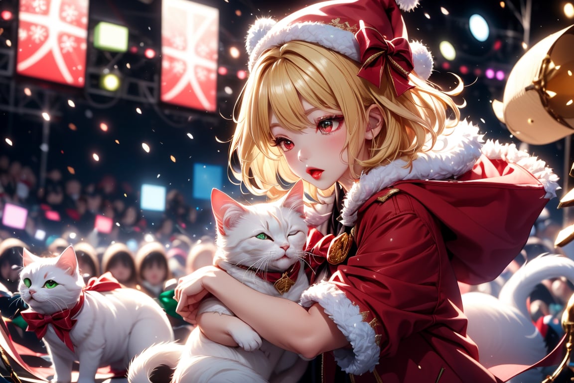 Blonde girl,singing,playing electric guitar,short hair,red eyes,long red eyelashes,red lips,wearing a red snow hat with a white fur ball on the top,a purple starfish on the hat,white fur on the edge of the hat,and a red coat,coat with gold buttons,green skirt,green bow on the neck,green sneakers,gold laces, no gloves,singing in front of microphone,sleeping furry white cat audience,white cat wearing a pink bow on head,surrounded by bubbles,shining point,concert,colorful stage lighting,no people,Tetris game background,anime