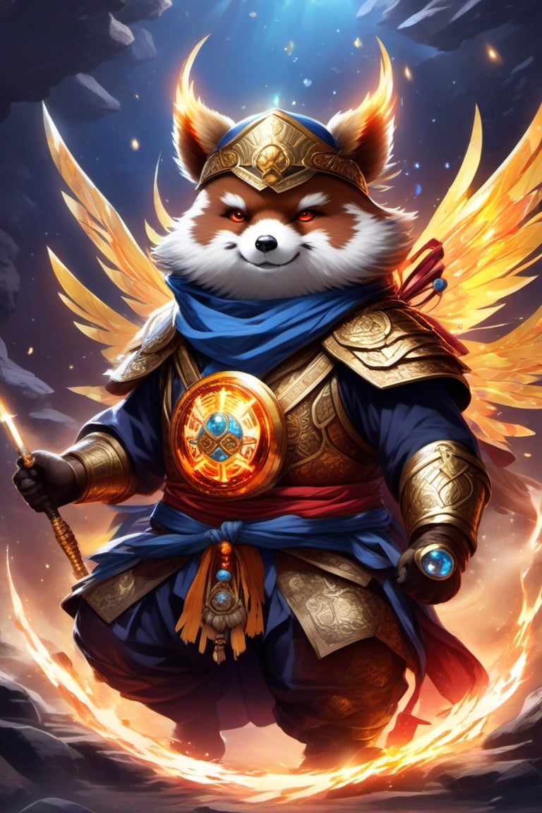 1Ninja tanuki,fighting,7 color Ninja outfit,7 color ancient alchemy God,holding cosmic ball,chanting,7 color shining ancient words everywhere,glowing mantra everywhere,luminous engraving everywhere,seal,strong style,sun king,sun halo,solo,special long white beard,long white eyebrows,gather lightning elixir in the palm of hand,king of glory,focused on  elixir,aim at pill,colorful skin,surrounded by flames,golden butterfly wings,emitting golden light,wearing golden bib short with no shoulder strap on left shoulder,no humans,flame,beam,fire alchemy furnace,thunder pill,crystal cave,crystal background,diamond,gem,tanuki,no human