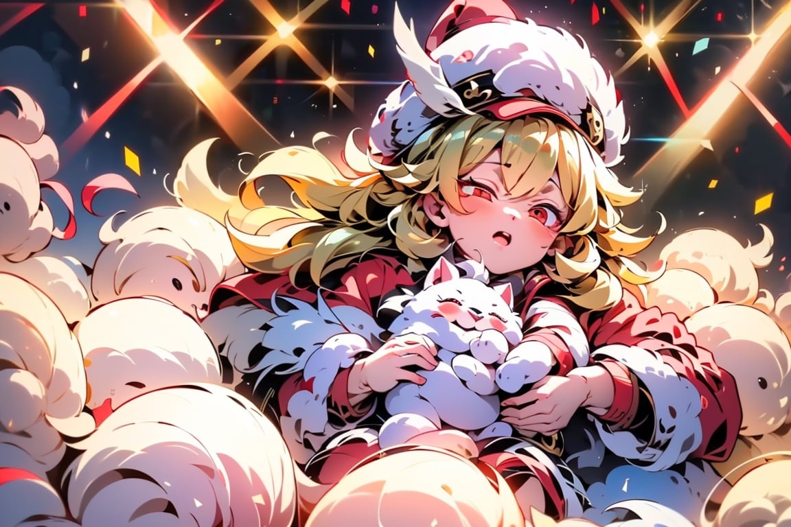 vtuber,Blonde girl,short hair,ruby-like eyes,red eyes,long red eyelashes,red lips, wearing a red snow hat with a white fur ball on the top,a purple starfish on the hat,white fur on the edge of the hat,and a red coat,coat with gold buttons,green skirt,green bow on the neck,green sneakers,gold laces,singing in front of microphone,holding a sleeping furry white cat,white cat wearing a pink bow on its head,surrounded by bubbles,shining point,concert,colorful stage lighting,no people,Tetris game background