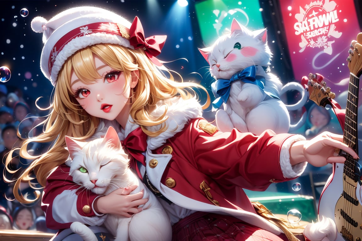 Blonde girl,singing,playing electric guitar,long hair,red eyes,long red eyelashes,red lips,wearing a red snow hat with a white fur ball on the top,a purple starfish on the hat,white fur on the edge of the hat,and a red coat,coat with gold buttons,green skirt,green bow on the neck,green sneakers,gold laces, no gloves,singing in front of microphone,sleeping furry white cat audience,white cat wearing a pink bow on head,surrounded by bubbles,shining point,concert,colorful stage lighting,no people,Tetris game background,anime