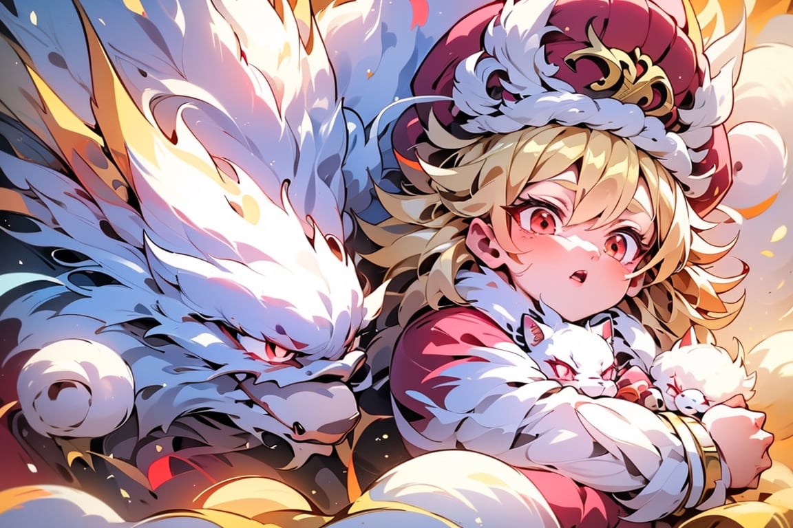 vtuber,Blonde girl,short hair,ruby-like eyes,red eyes,long red eyelashes,red lips, wearing a red snow hat with a white fur ball on the top,a purple starfish on the hat,white fur on the edge of the hat,and a red coat,coat with gold buttons,green skirt,green bow on the neck,green sneakers,gold laces,singing in front of microphone,holding a sleeping furry white cat,white cat wearing a pink bow on its head,surrounded by bubbles,shining point,concert,colorful stage lighting,no people,Tetris game background