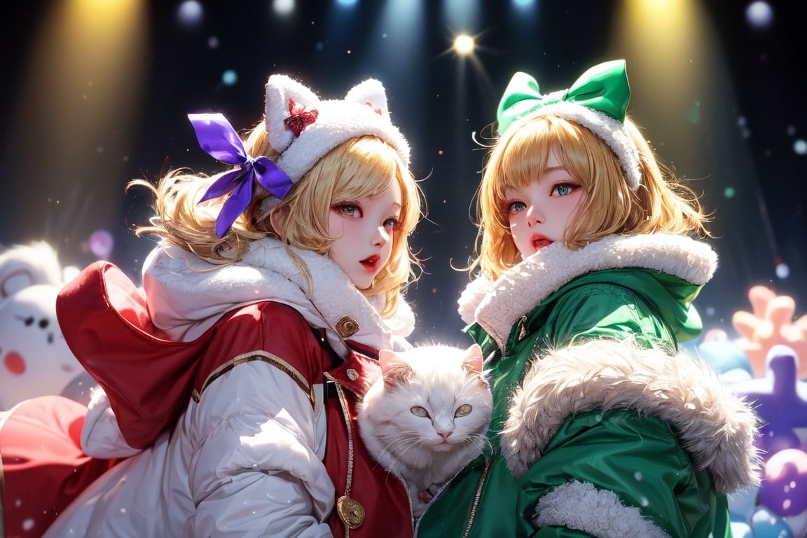 Blonde girl,short hair,red eyes,long red eyelashes,red lips, wearing a red snow hat with a white fur ball on the top,a purple starfish on the hat,white fur on the edge of the hat,and a red coat,coat with gold buttons,green skirt,green bow on the neck,green sneakers,gold laces, no gloves,singing in front of microphone,surrounded by sleeping furry white cat,white cat wearing a pink bow on its head,surrounded by bubbles,shining point,concert,colorful stage lighting,no people,Tetris game background