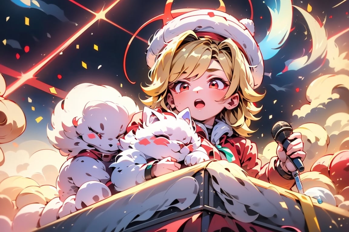 vtuber,Blonde girl,short hair,ruby-like eyes,red eyes,long red eyelashes,red lips, wearing a red snow hat with a white fur ball on the top,a purple starfish on the hat,white fur on the edge of the hat,and a red coat,coat with gold buttons,green skirt,green bow on the neck,green sneakers,gold laces,singing in front of microphone,holding a sleeping furry white cat,white cat wearing a pink bow on its head,surrounded by bubbles,shining point,concert,colorful stage lighting,no people,Tetris game background