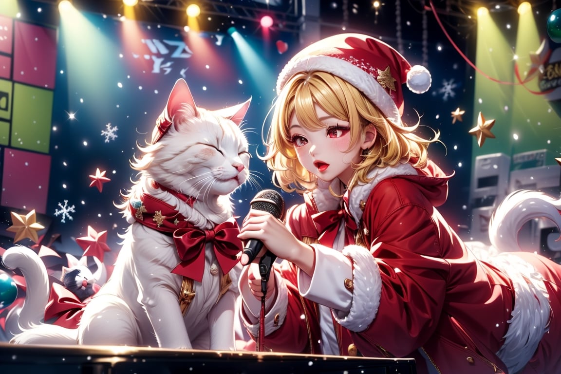 Blonde girl,singing,playing electric guitar,short hair,red eyes,long red eyelashes,red lips,wearing a red snow hat with a white fur ball on the top,a purple starfish on the hat,white fur on the edge of the hat,and a red coat,coat with gold buttons,green skirt,green bow on the neck,green sneakers,gold laces, no gloves,singing in front of microphone,sleeping furry white cat audience,white cat wearing a pink bow on head,surrounded by bubbles,shining point,concert,colorful stage lighting,no people,Tetris game background,anime