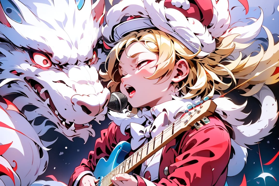 solo,Blonde woman,singing,playing electric guitar,short hair,red eyes,long red eyelashes,red lips,wearing a red snow hat with a white fur ball on the top,a purple starfish on the hat,white fur on the edge of the hat,and a red coat,coat with gold buttons,green skirt,green bow on the neck,green sneakers,gold laces, no gloves,singing in front of microphone,sleeping furry white cat audience,white cat wearing a pink bow on head,surrounded by bubbles,shining point,concert,colorful stage lighting,no people,electric guitar